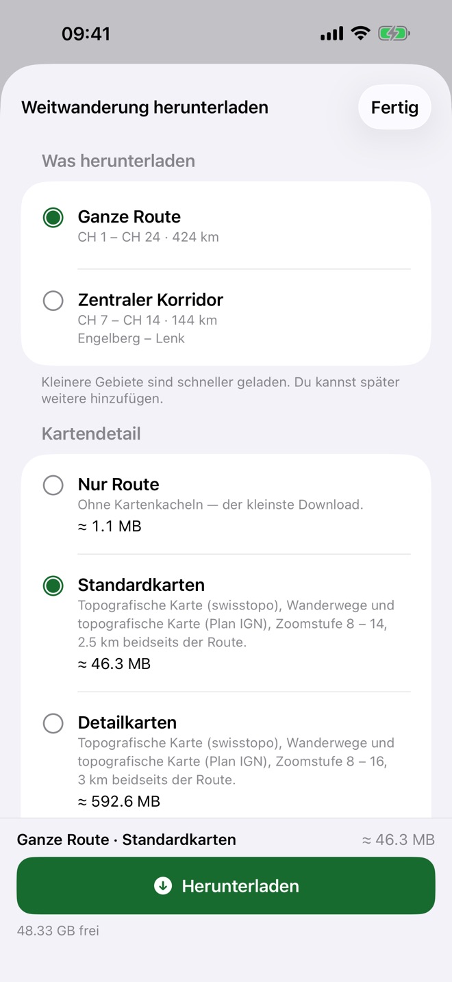 Der Download-Bildschirm mit geschätzten Grössen für einen Routenkorridor