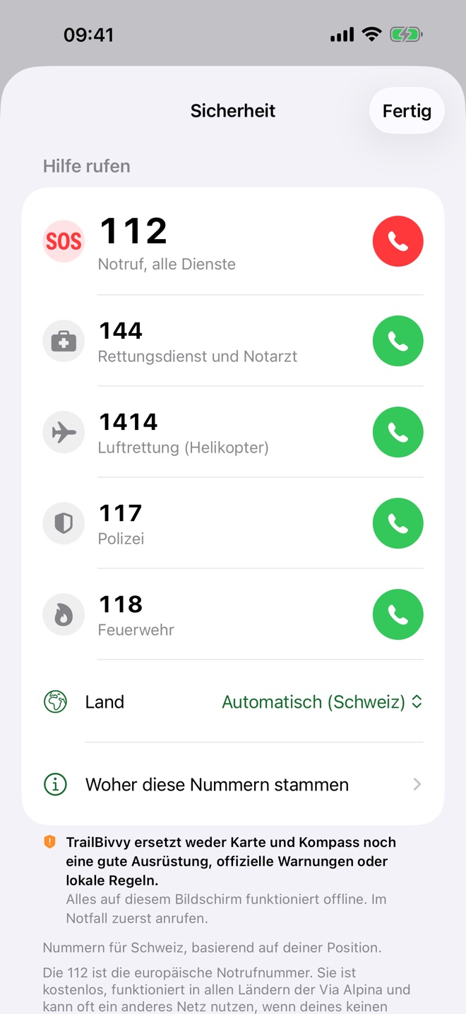 Der Bildschirm «Sicherheit» mit den Notrufnummern für die Schweiz